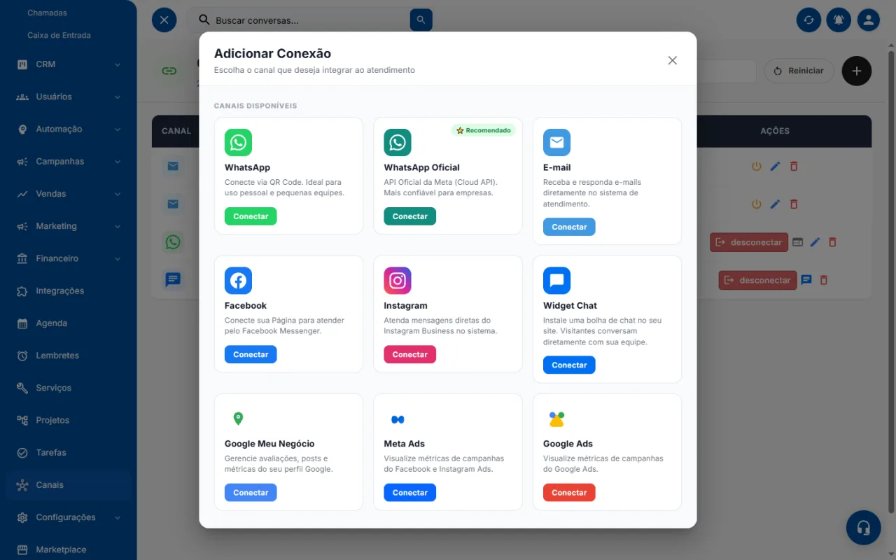 Tela para adicionar conexão, com todos os canais disponíveis