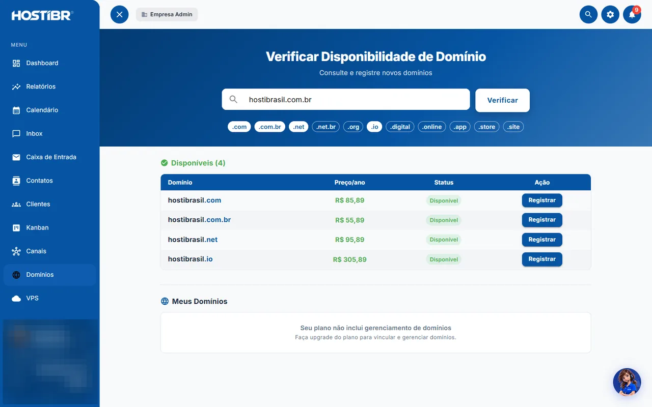 Tela de verificação e registro de domínio