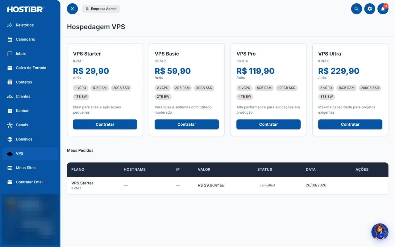 Planos de hospedagem VPS com preços e pedidos